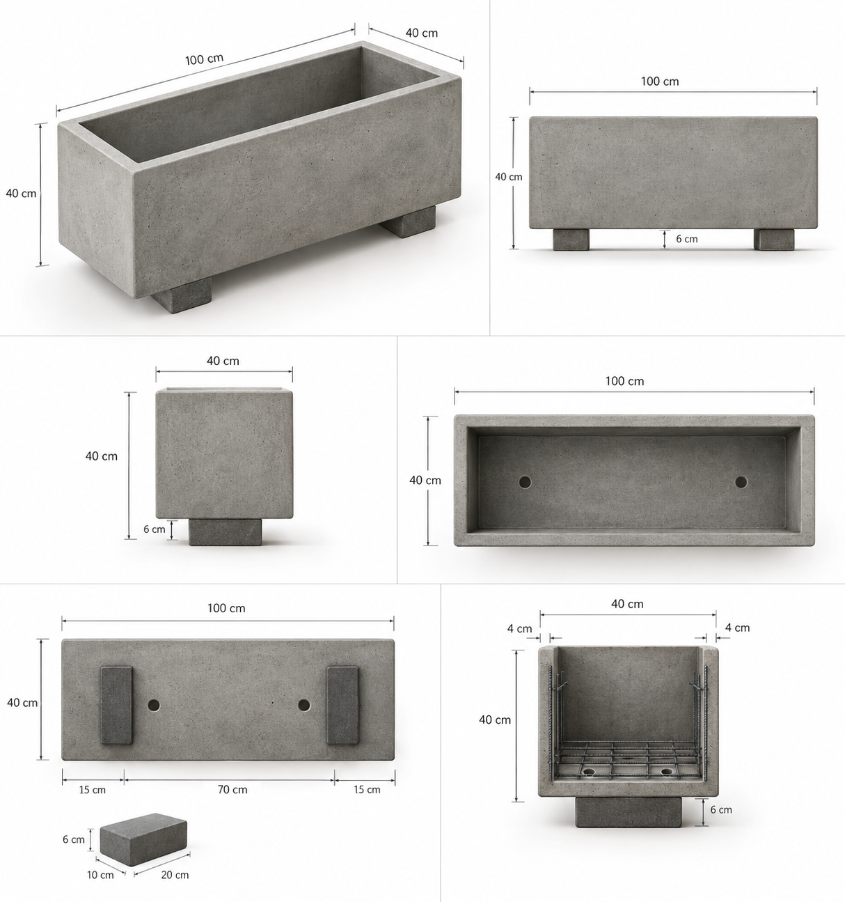 Ficha técnica jardinera en cemento 100 x 40 x 40 cm gris natural